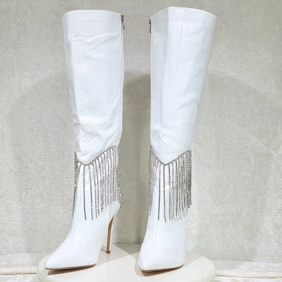 Sway White Knee High Boots Stiletto Heels Icicle Fringe - Picture 7 of 10